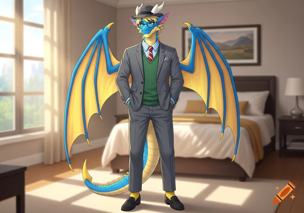 An anthropomorphic sea blue dragon, with blonde hair, blue eyes, and large yellow and blue wings, stands in a bedroom wearing a grey suit, green jumper, red and white striped tie, glasses, and a grey fedora.