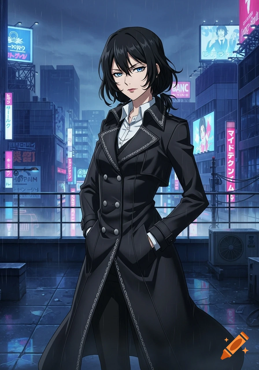 Anime-style woman with black hair and blue eyes in a long black trench coat stands on a rainy city rooftop at night with neon signs.