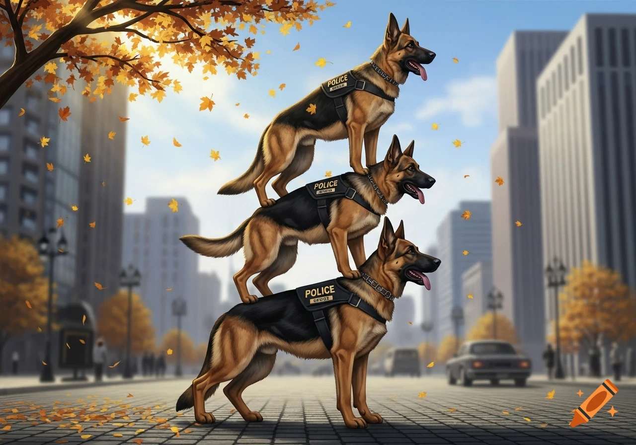 Three police German Shepherds stacked on top of each other in an autumn city street with falling leaves.
