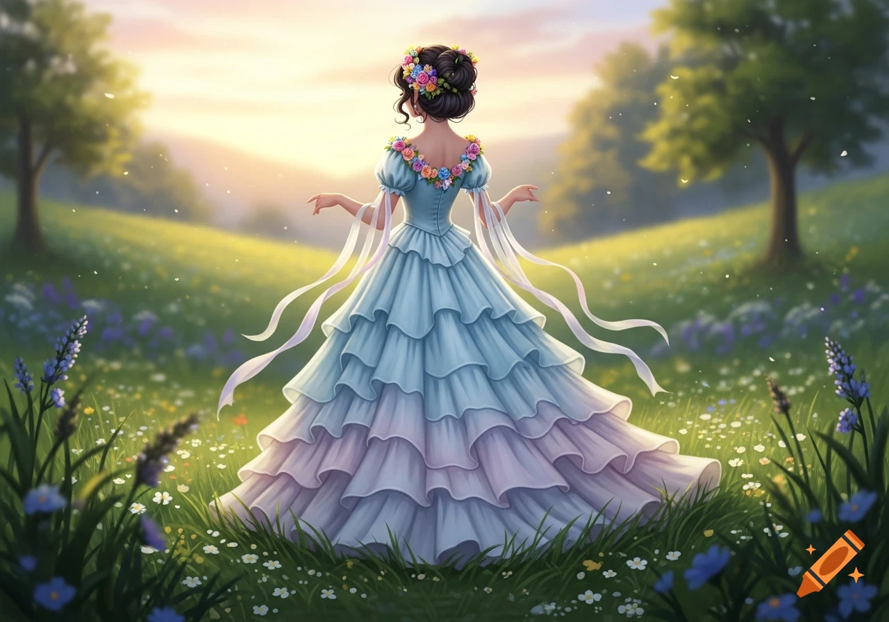 A fantasy character in a light blue and pink tiered gown with ribbons and flowers in her dark chignon, standing in a sunny meadow.