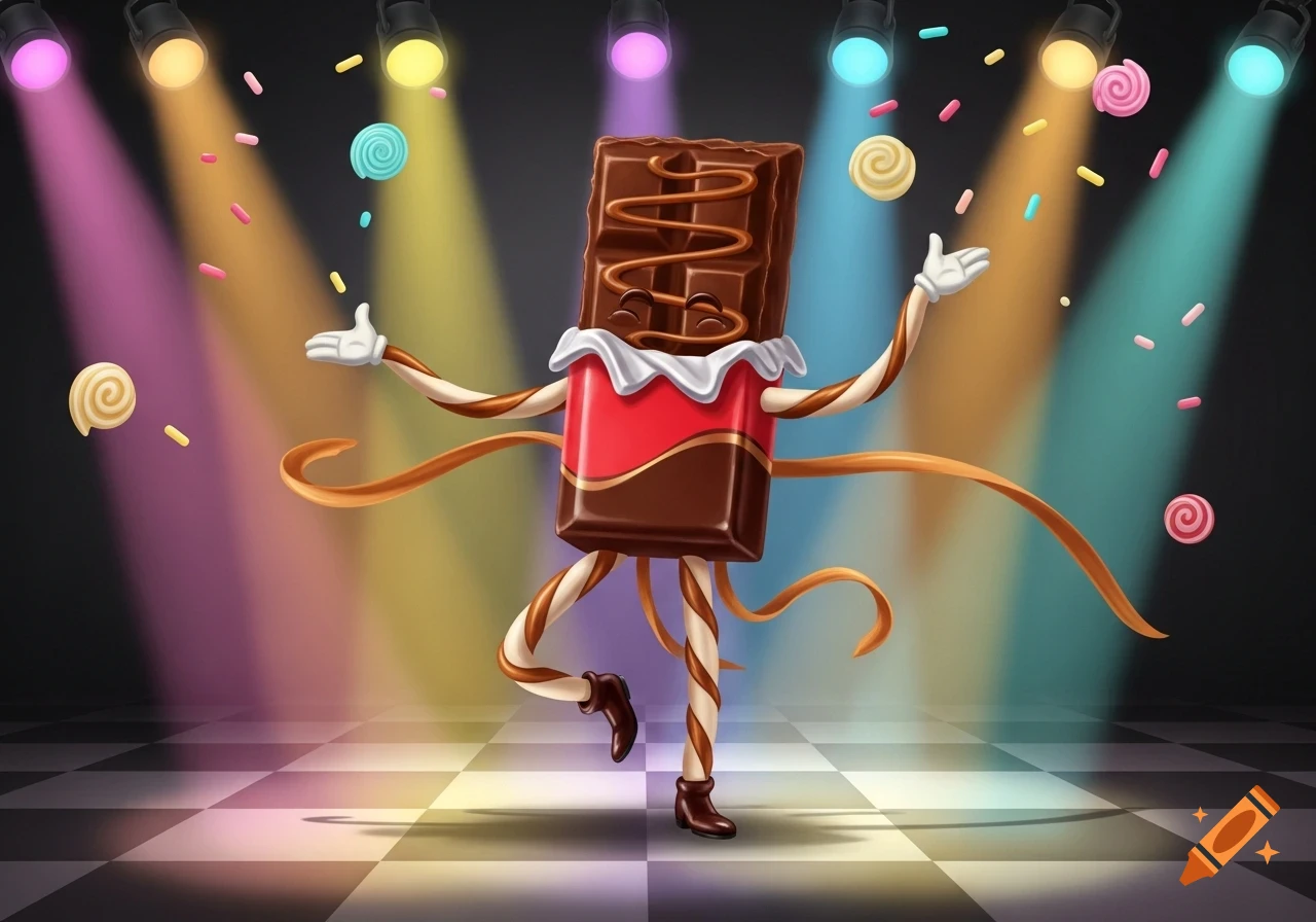 A cheerful cartoon chocolate bar with candy-cane limbs dances on a checkered stage under colorful spotlights, with sprinkles and lollipops floating around.