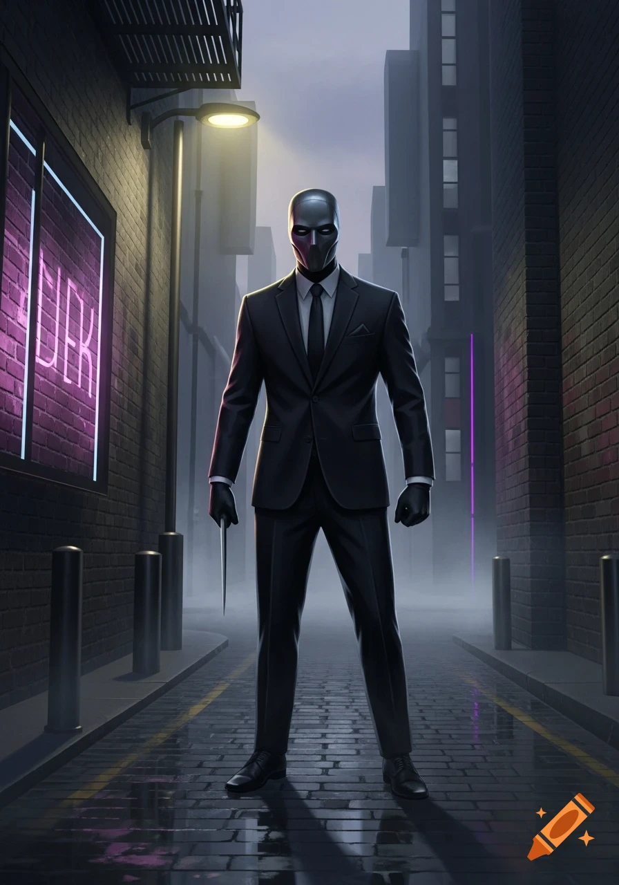 A masked figure in a black suit holds a knife in a dark, wet alleyway with neon signs.