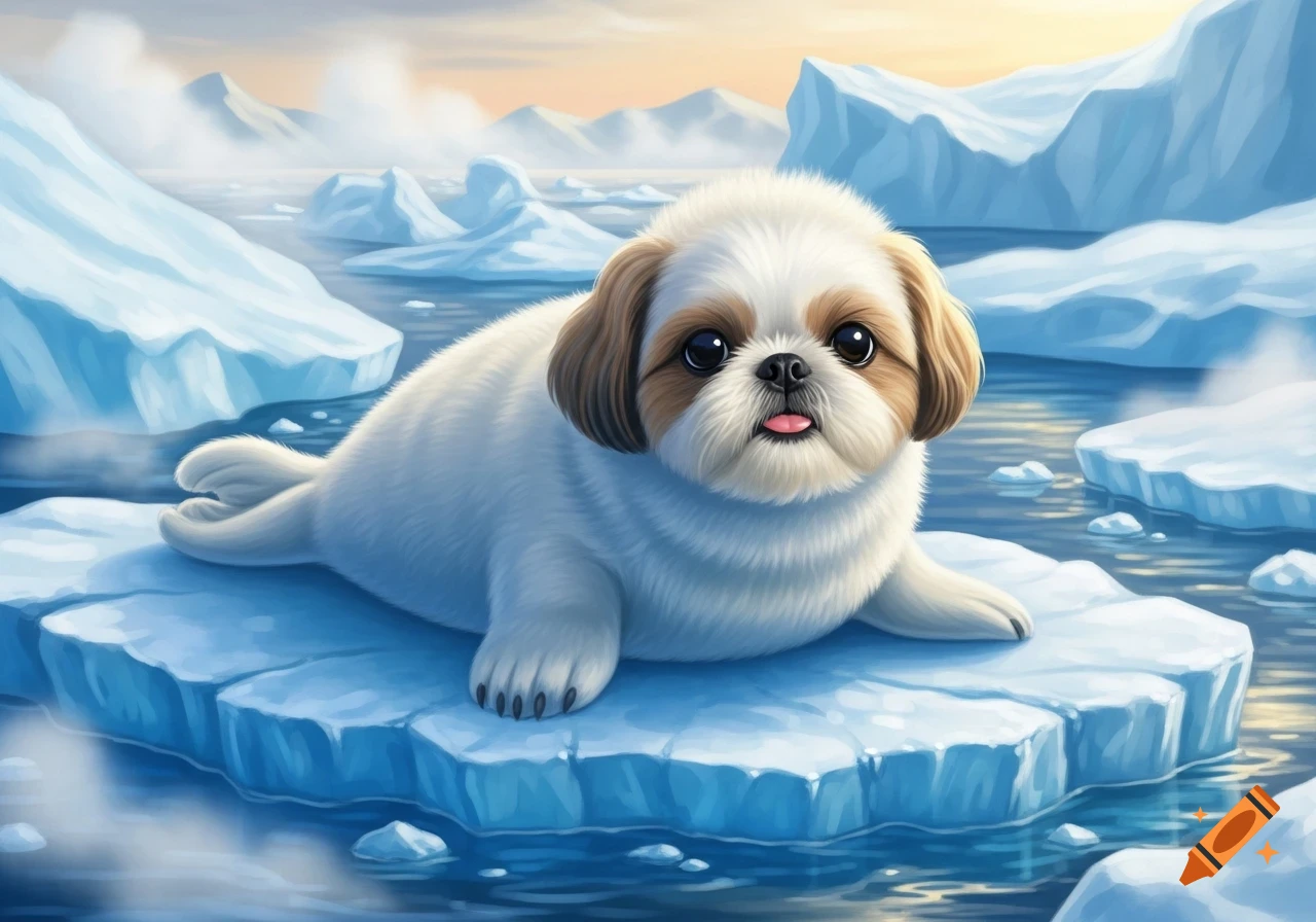 A cute, fluffy Shih Tzu seal pup with big eyes and a pink tongue lying on an iceberg in a bright arctic landscape, digital art.