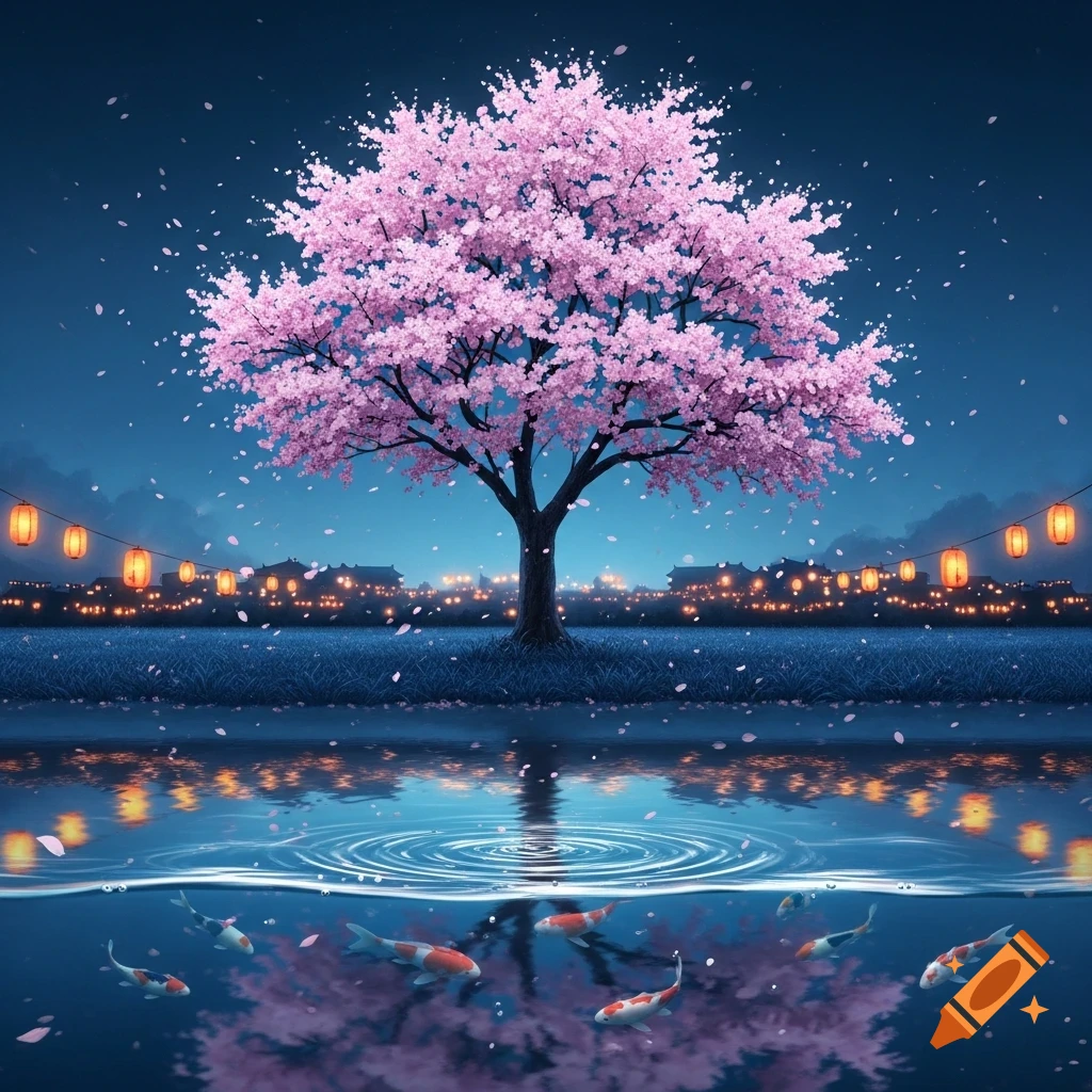 A vibrant cherry blossom tree at night with falling petals, reflected in a river with swimming koi fish and distant illuminated lanterns.