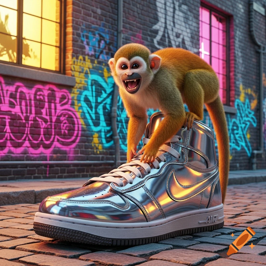 A small monkey with an open mouth stands on a silver metallic high-top sneaker on a cobblestone street, in front of a graffiti-covered brick wall.