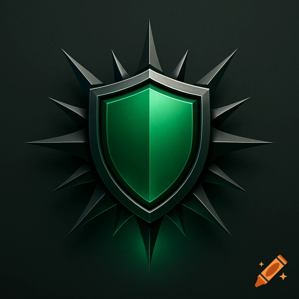 A metallic green shield logo with sharp black spikes radiating outwards, set against a dark background.