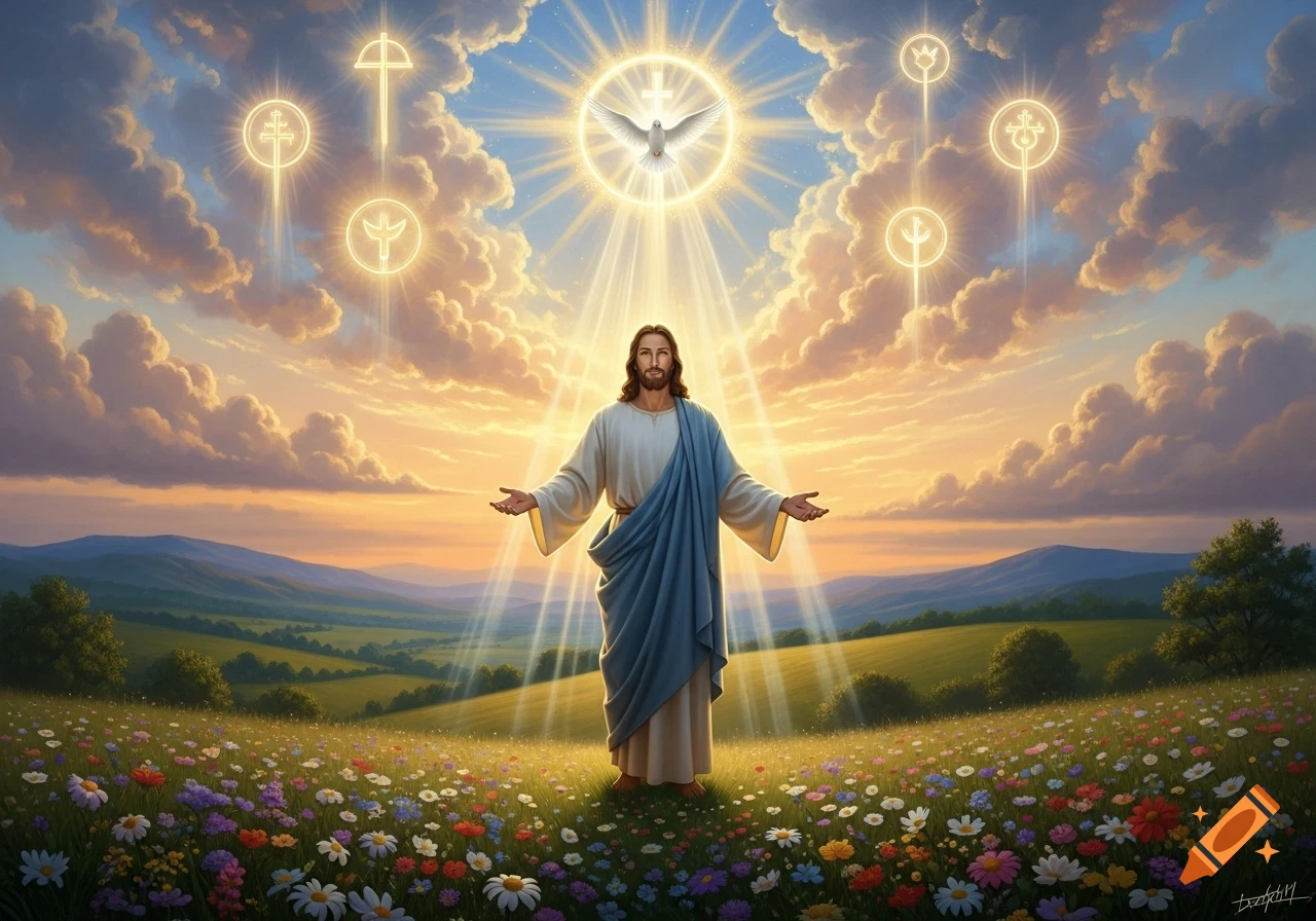 Jesus stands in a vibrant wildflower field under a glowing sky with sunbeams and Christian symbols, a dove above him.