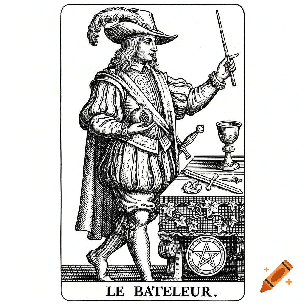 Black and white intaglio engraving of Le Bateleur tarot card, a magician in 17th-century attire holding a wand and pomegranate, standing by a table with a goblet, sword, and pentacle.