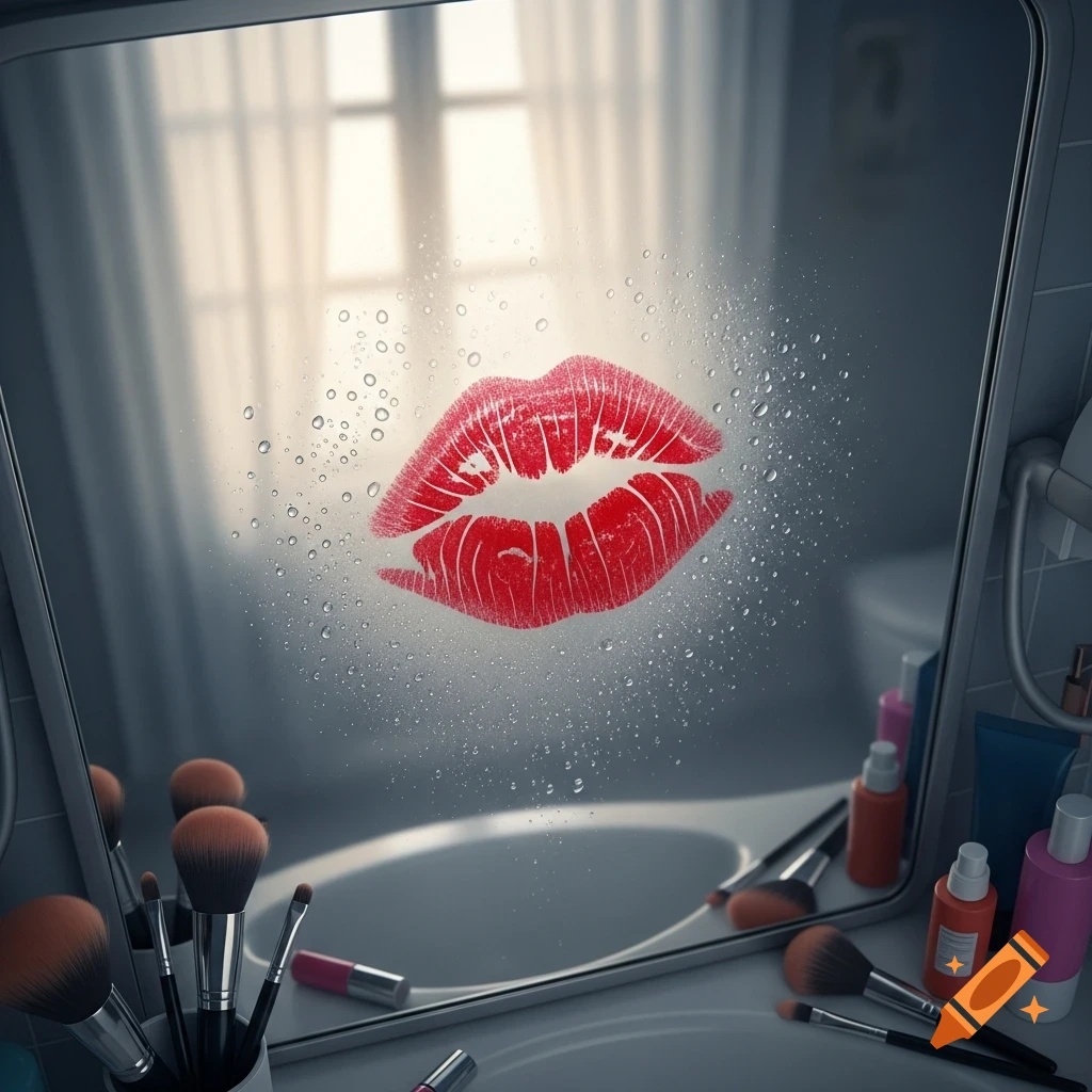 Photorealistic image of a vibrant red lipstick kiss mark and water droplets on a steamy bathroom mirror, with makeup items reflected below.