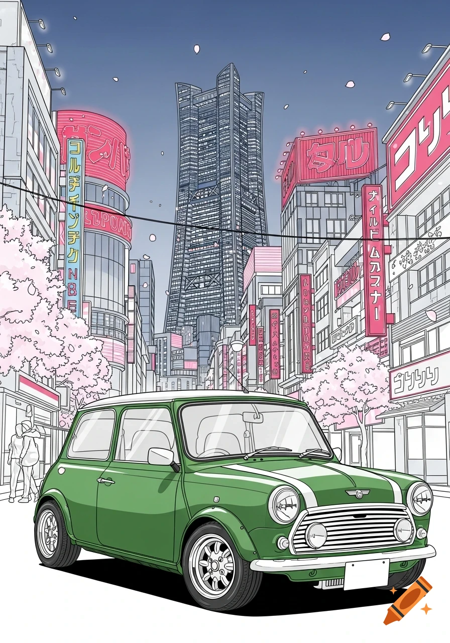 A green Mini Cooper with white racing stripes on a street in a line-drawn Tokyo cityscape with tall buildings, neon signs, and cherry blossoms.
