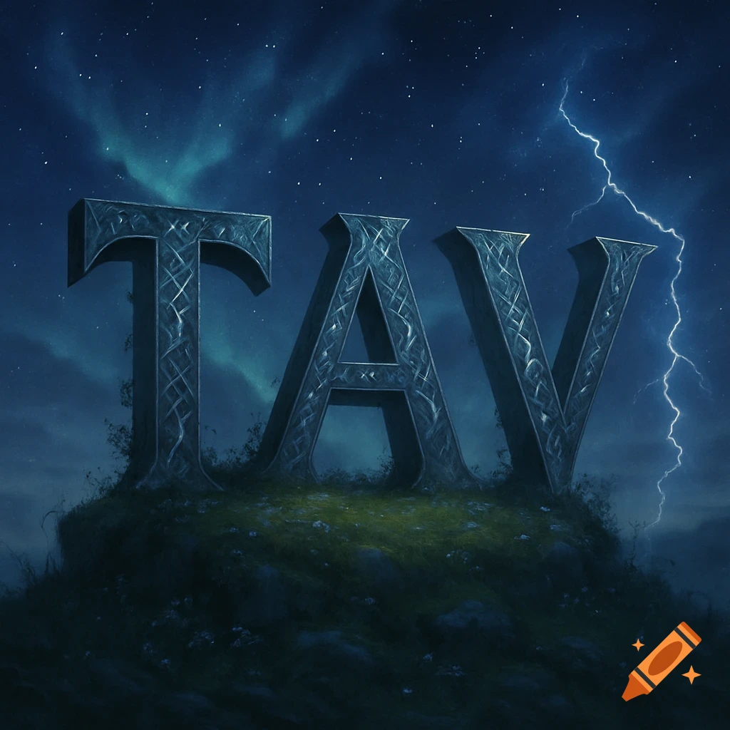 Large metallic letters 'TAV' stand on a grassy hill under a stormy night sky with lightning and an aurora.