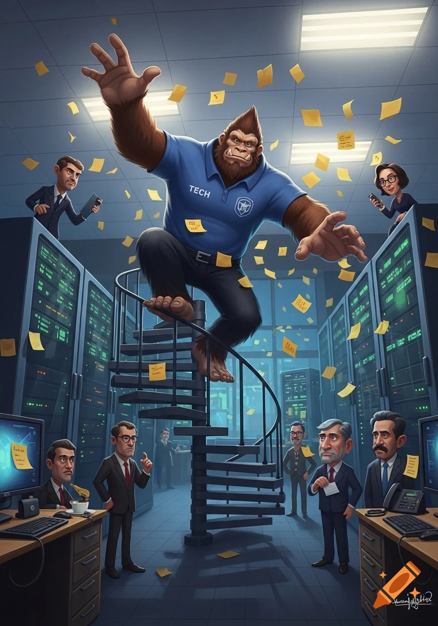 A large, friendly Sasquatch IT specialist in a blue 'TECH' polo shirt jumps down a spiral staircase in a server room, surrounded by flying sticky notes, as tiny office workers look on with surprise and awe.