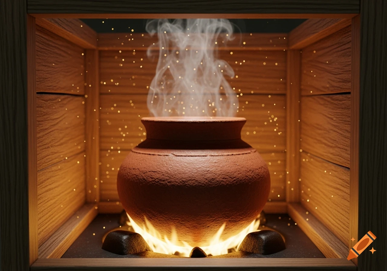 An earthen pot steaming over fire, contained within a wooden box, with glowing embers around.