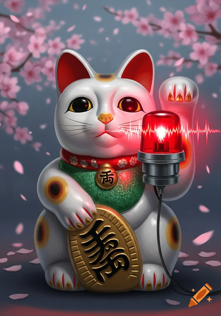 Stylized illustration of a white Maneki-neko with a red emergency light and a gold coin, with cherry blossoms.