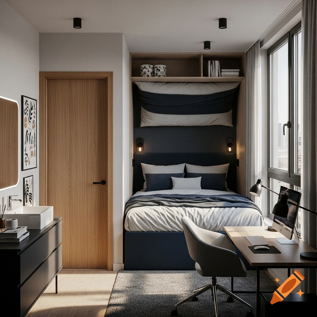 A modern, compact bedroom with a bed, a window on the right, a desk with a computer, and a sink and dresser on the left in a photorealistic style.