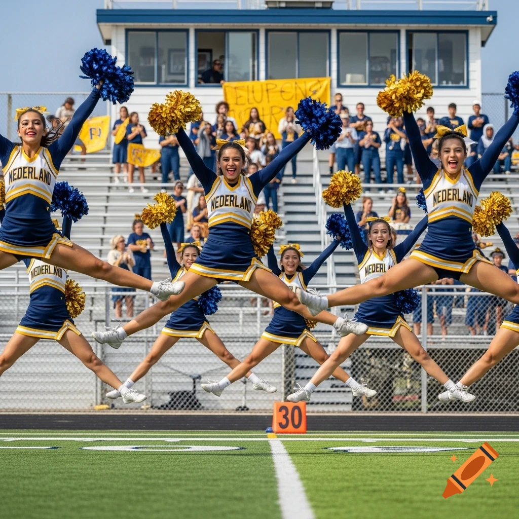 Cheerleaders in blue and yellow uniforms with pom-poms jump in unison on a green football field, with a stadium in the background.