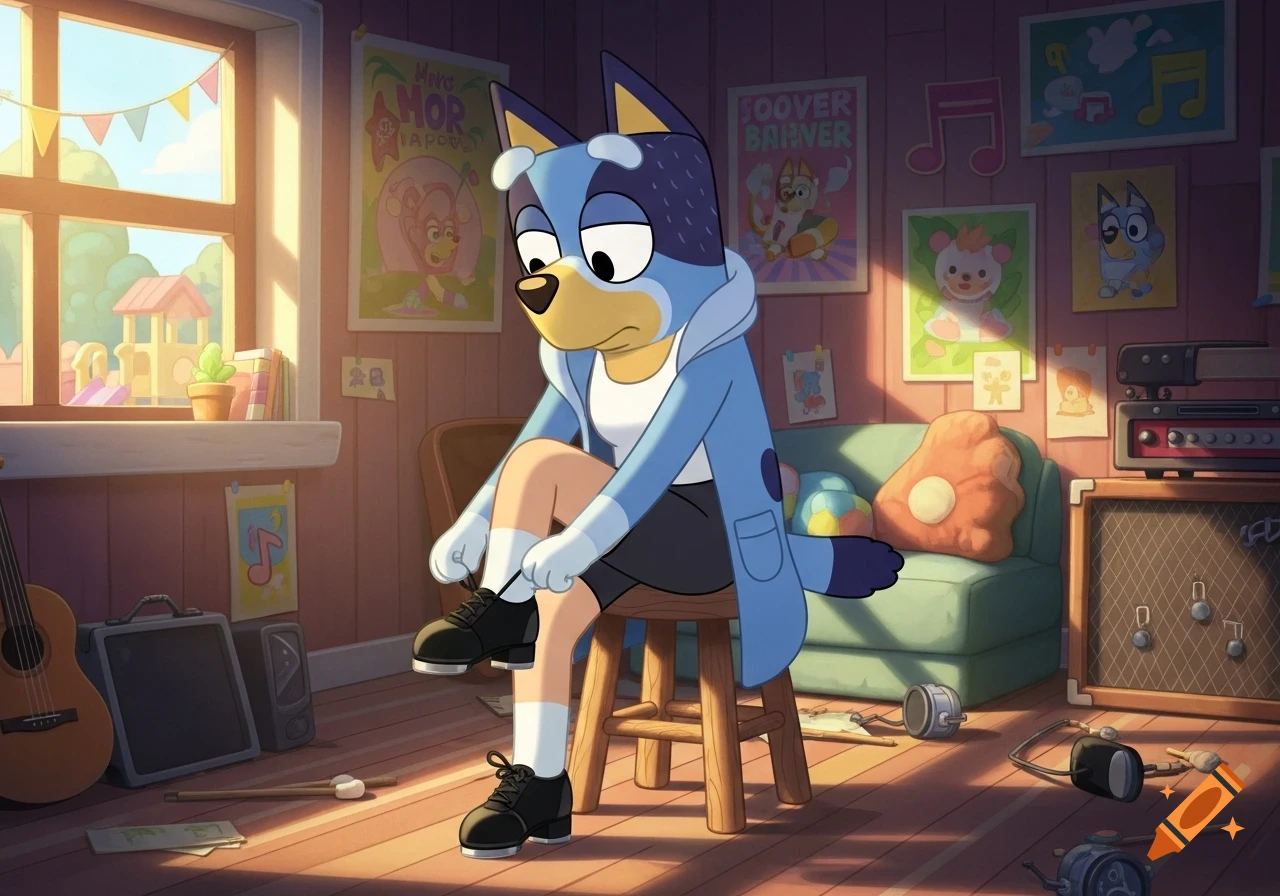 Cartoon Bluey Heeler sits on a stool, tying black tap shoes in a sunlit room with musical instruments.