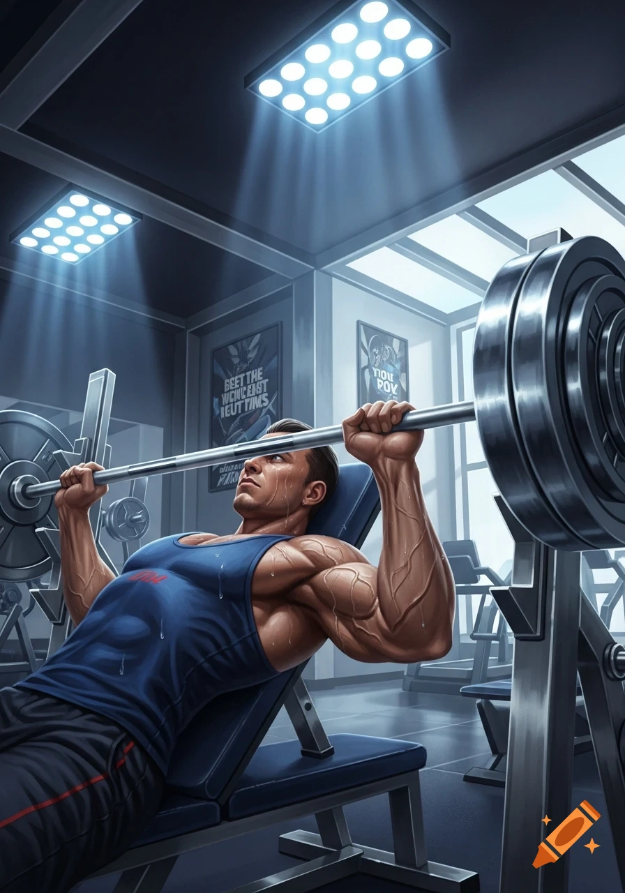 A muscular man in a blue tank top bench-pressing a barbell in a gym, sweating intensely under bright lights, in an illustrative style.