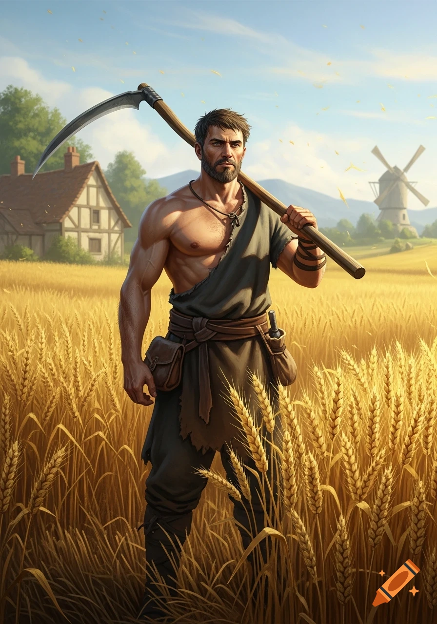 A muscular medieval farmer with a scythe stands in a sunlit golden wheat field with a house and windmill in the background.