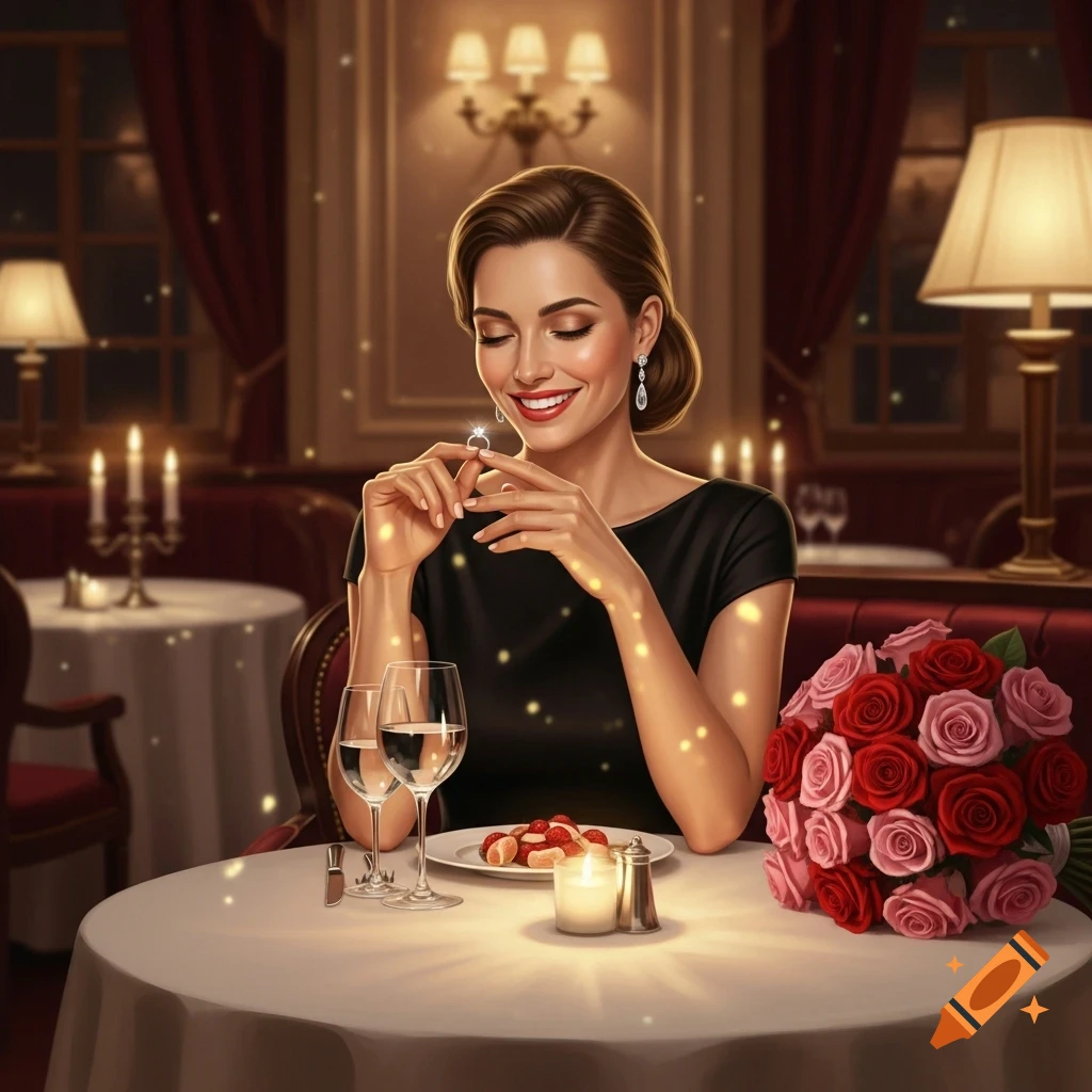 A woman in a black dress smiles, admiring an engagement ring at a candlelit restaurant table with a bouquet of roses.