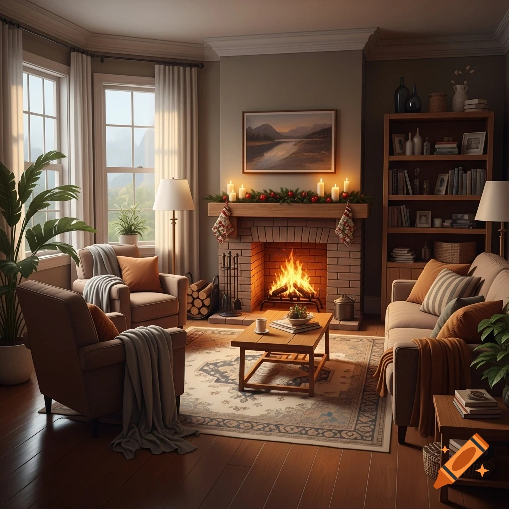 A cozy living room with a lit brick fireplace, two armchairs, a sofa, coffee table, and bookshelves, in a warm, photorealistic style.