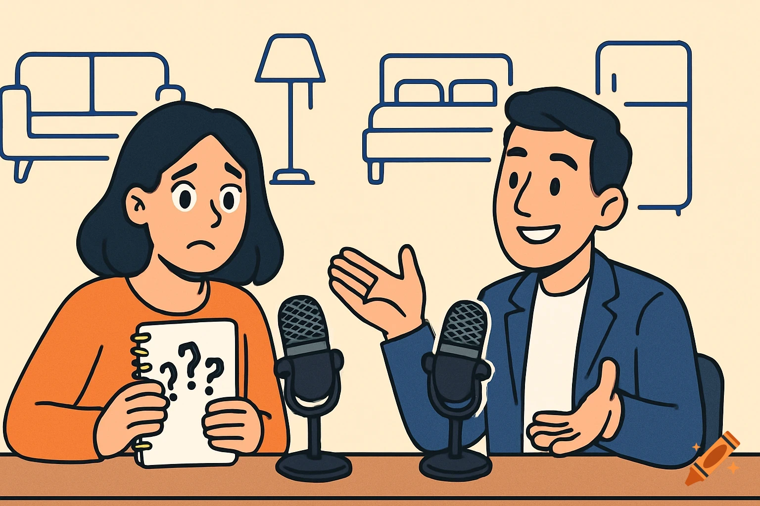 A woman holding a notebook with question marks and a man explaining, both at a table with podcast microphones. Flat cartoon style with house icons in the background.