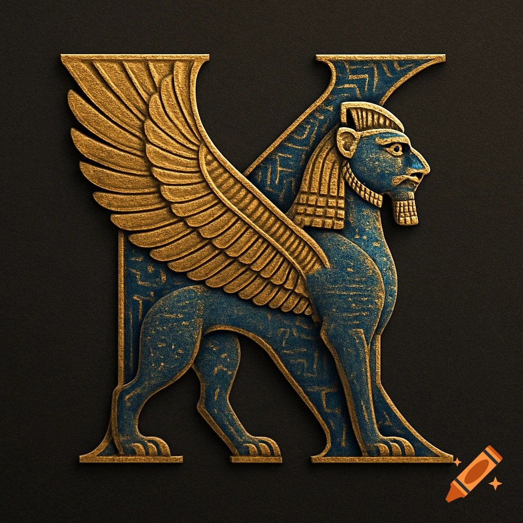 A gold and blue stylized Babylonian winged lion forming the letter K, with intricate patterns, on a dark background.