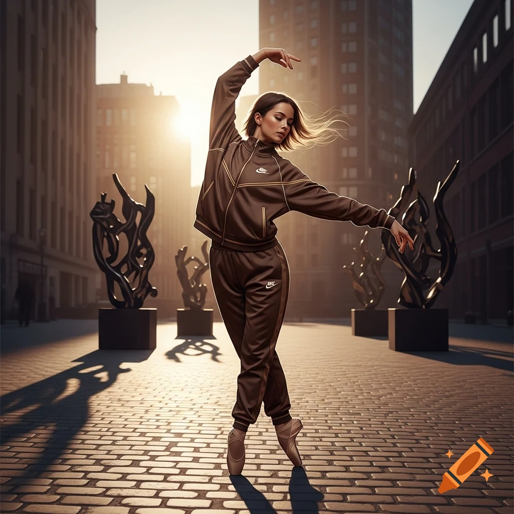A woman in a brown Nike tracksuit and ballet shoes dances on a cobblestone street at sunset, with abstract sculptures and buildings.