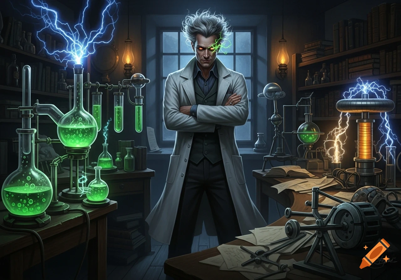 A menacing mad scientist with wild gray hair and glowing eyes stands in a dark laboratory filled with bubbling green chemicals, lightning, and electrical equipment.