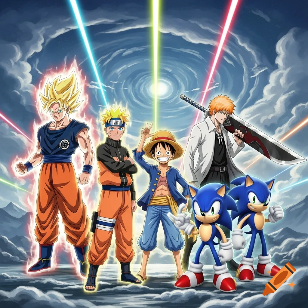 Goku, Naruto, Luffy, Ichigo, and two Sonic characters stand powerfully with colorful energy beams in a cloudy, mountainous landscape, anime style.
