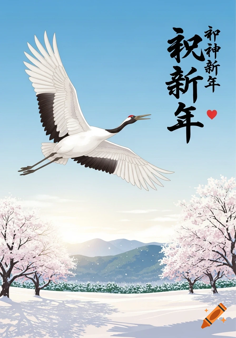 A white crane with black wing tips and a red crown flies across a blue sky above a snowy landscape with pink cherry blossom trees and mountains. Japanese calligraphy is on the right.