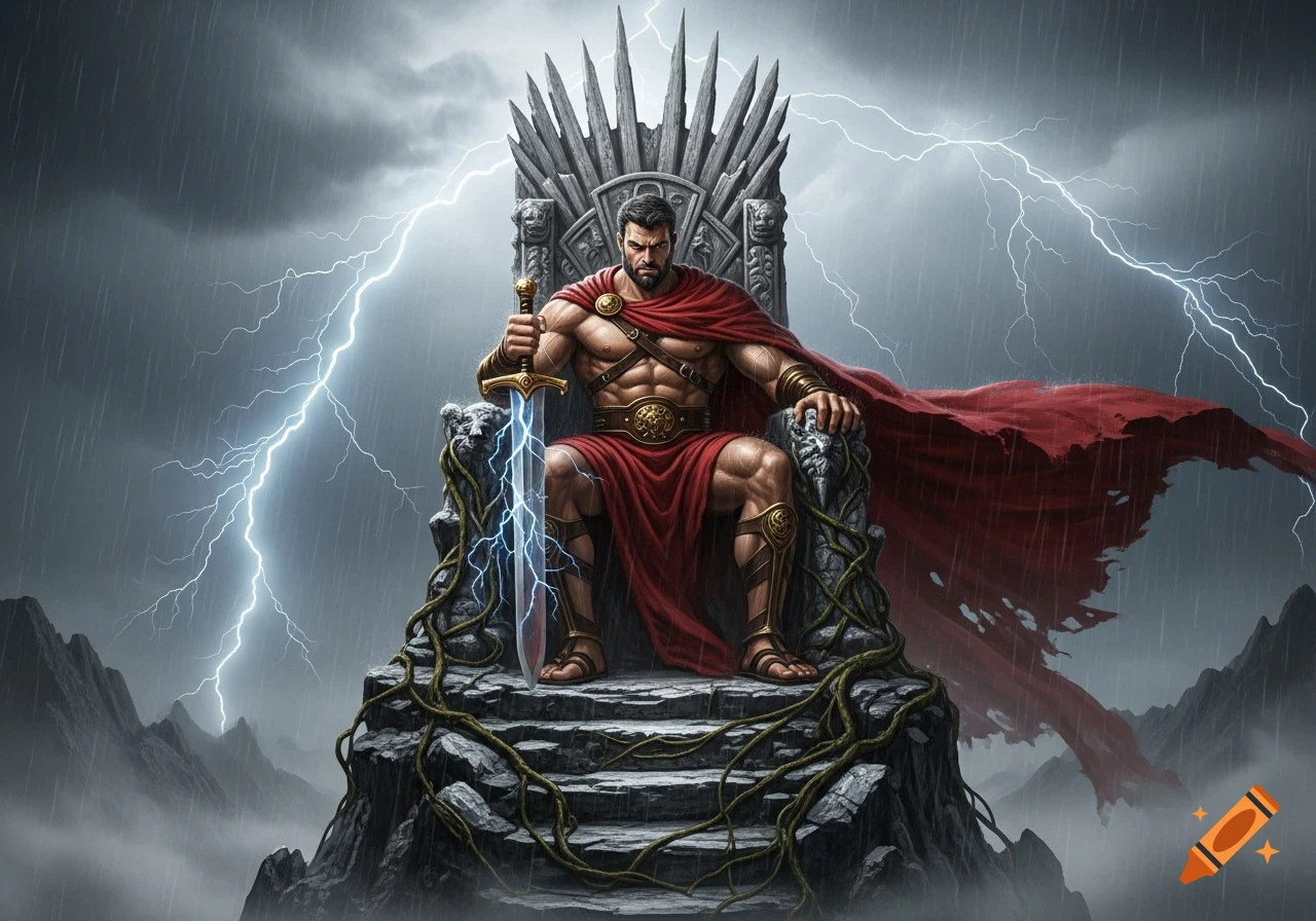 Hercules, a muscular man in a red cape, sits on a stone throne, holding a glowing sword amidst a thunderstorm and mountains.