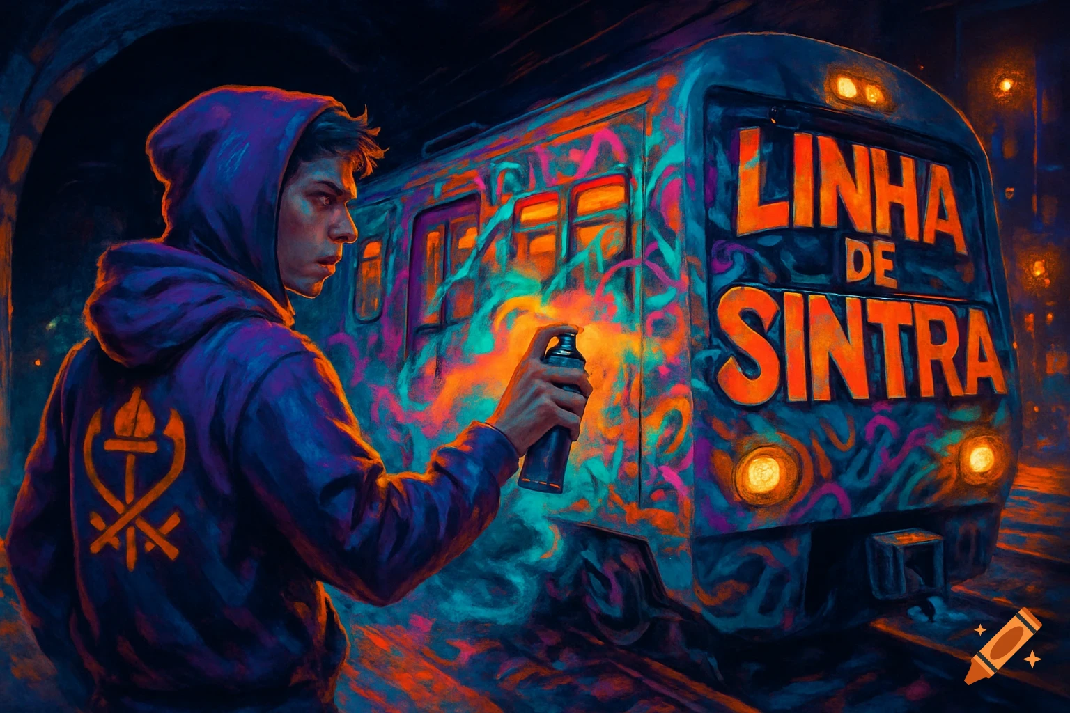 A young man in a purple hoodie sprays colorful graffiti on an urban train at night, with 'LINHA DE SINTRA' prominently displayed.