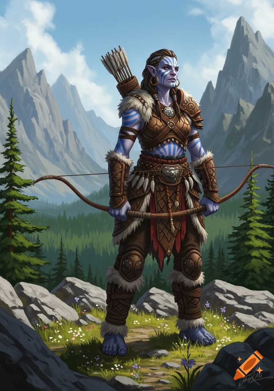 A purple-skinned female goliath ranger with blue warpaint stands ...