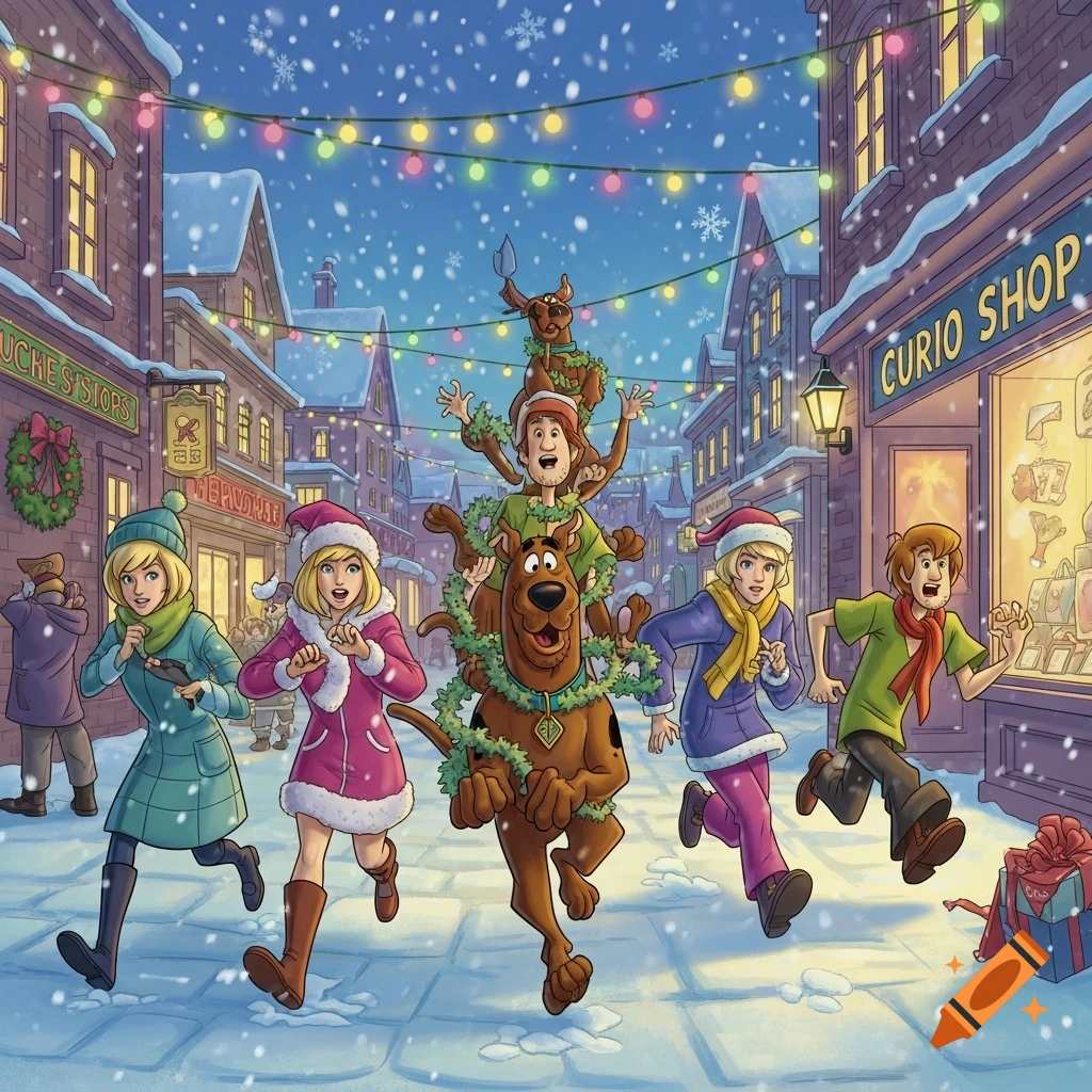 Scooby-Doo, Shaggy, and friends run through a snowy Christmas town decorated with lights and wreaths in a cartoon style.