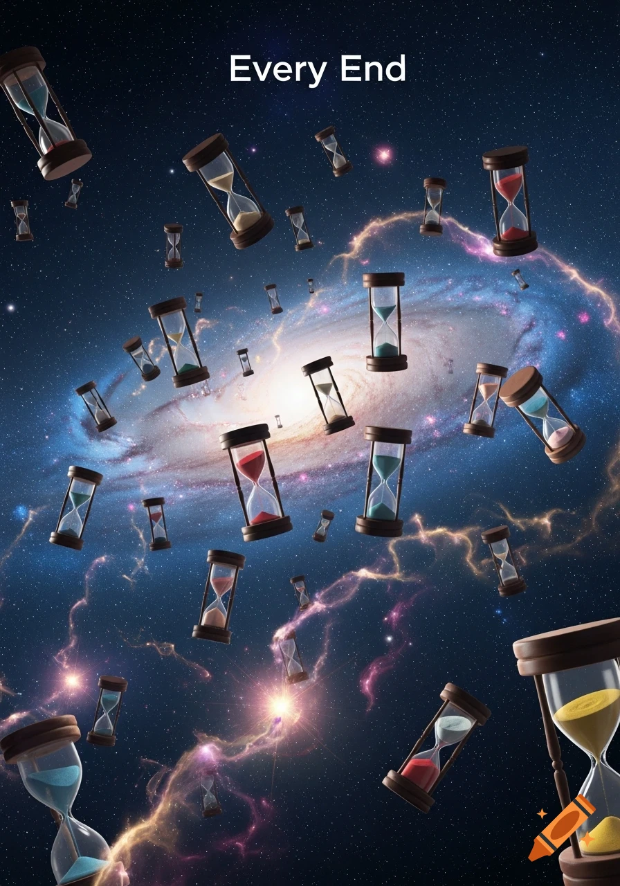 Numerous colorful hourglasses float amidst a swirling galaxy with stars and nebulae, with "Every End" text.