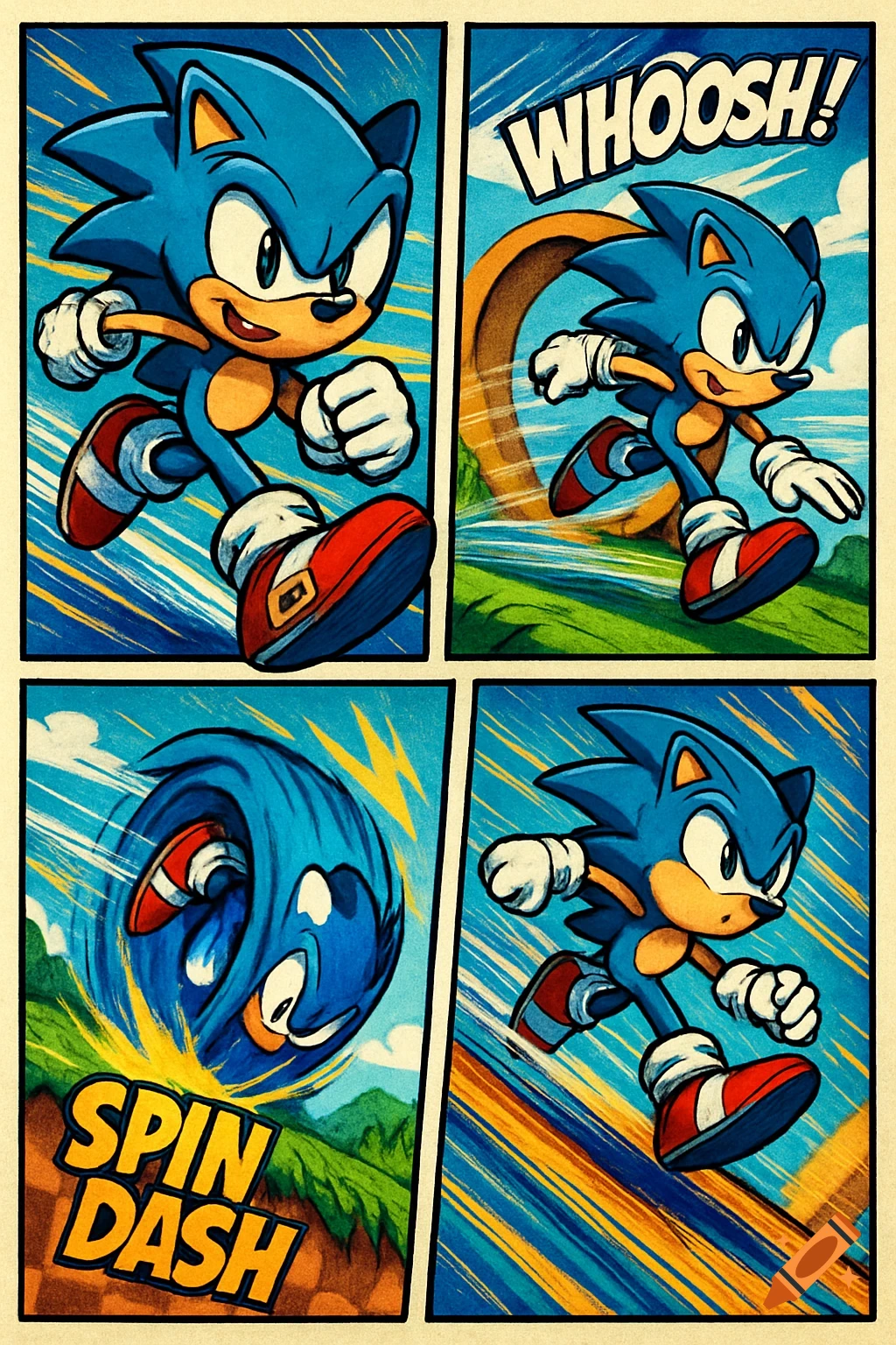 A vibrant comic book panel featuring Sonic the Hedgehog running, with 'WHOOSH!' and performing a 'SPIN DASH' action.