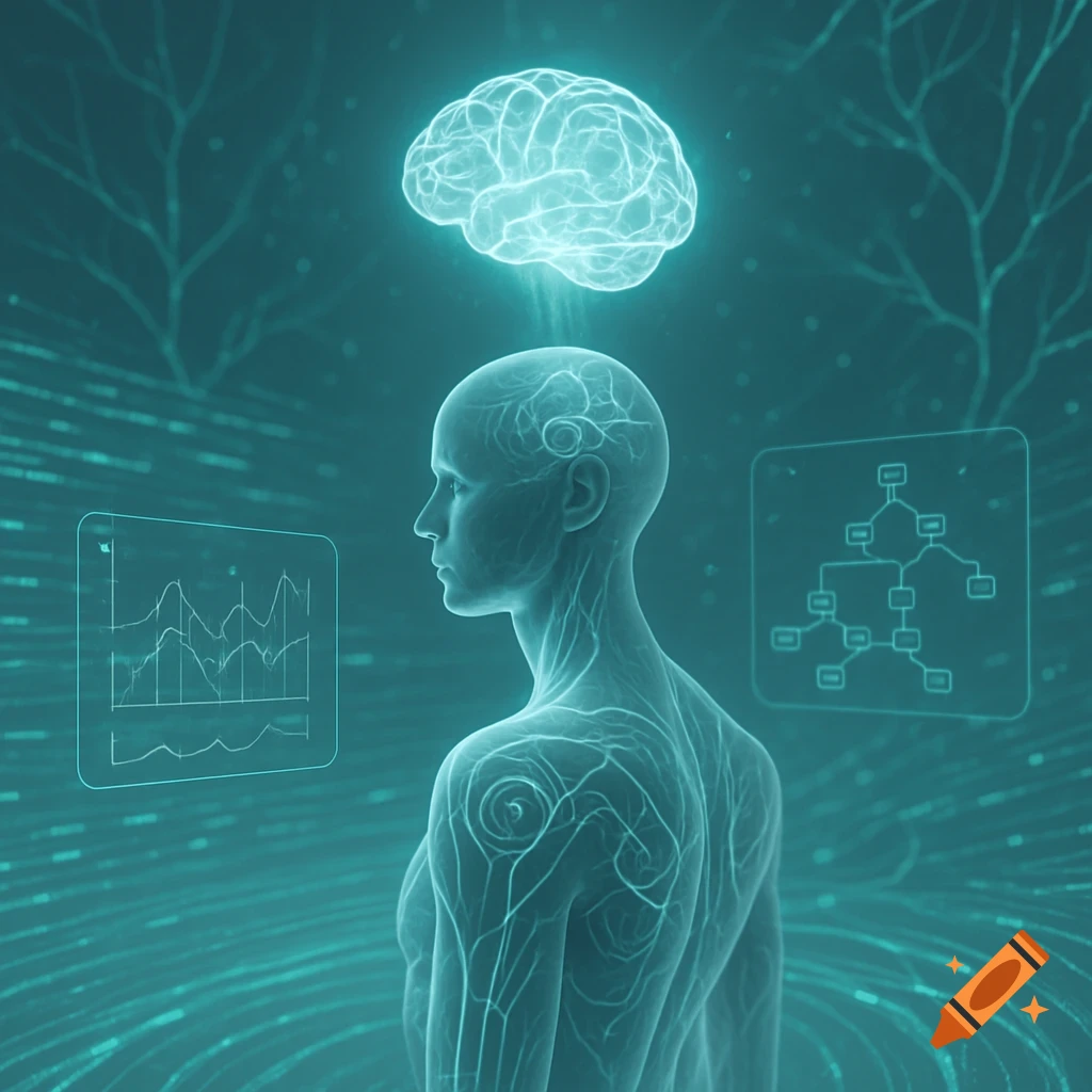 Translucent human figure with a glowing brain above its head, surrounded by futuristic data visualizations in a teal glow.