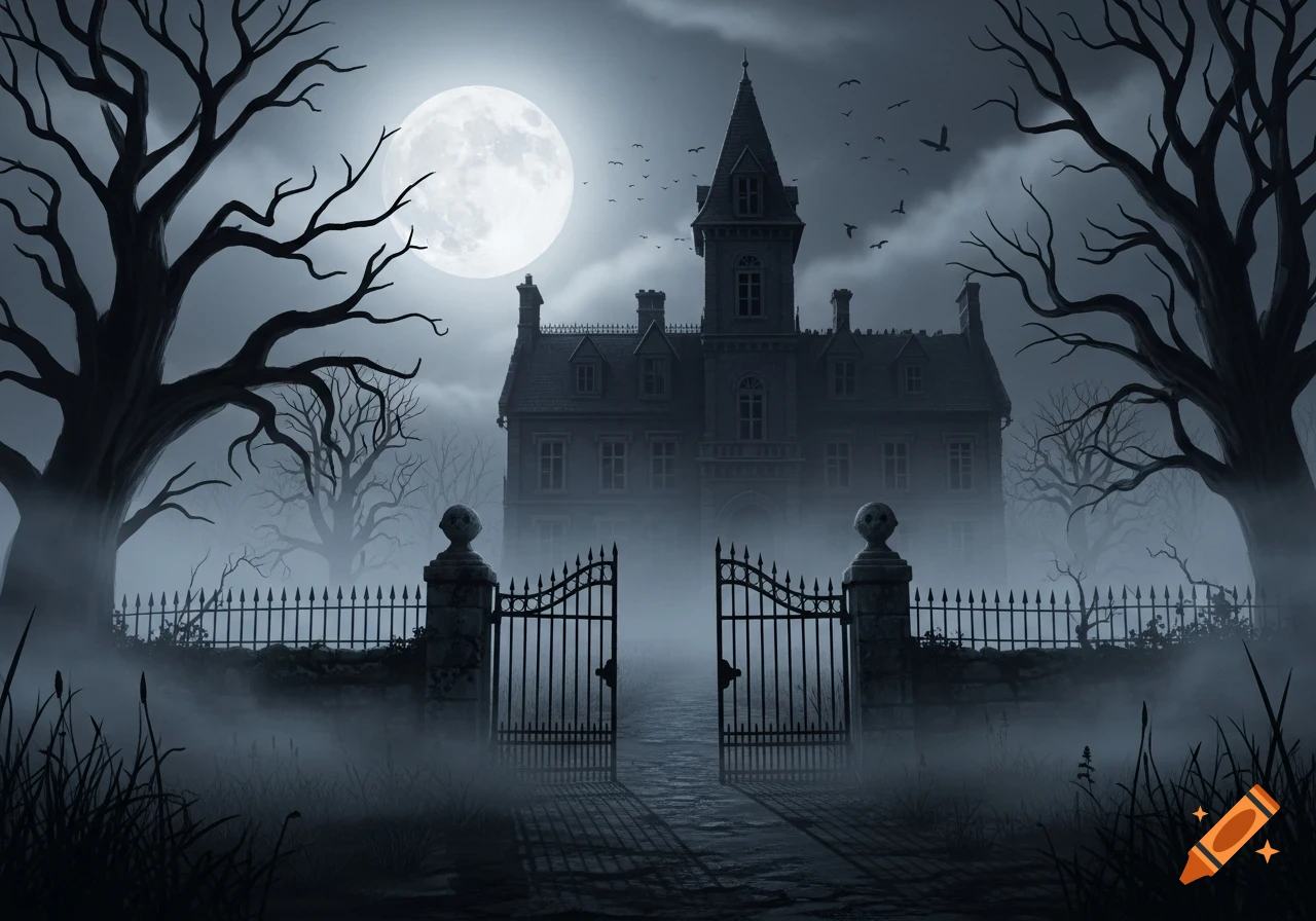 An illustrated dark, spooky gothic mansion with an open gate, bare trees, and a full moon shining through the mist at night.