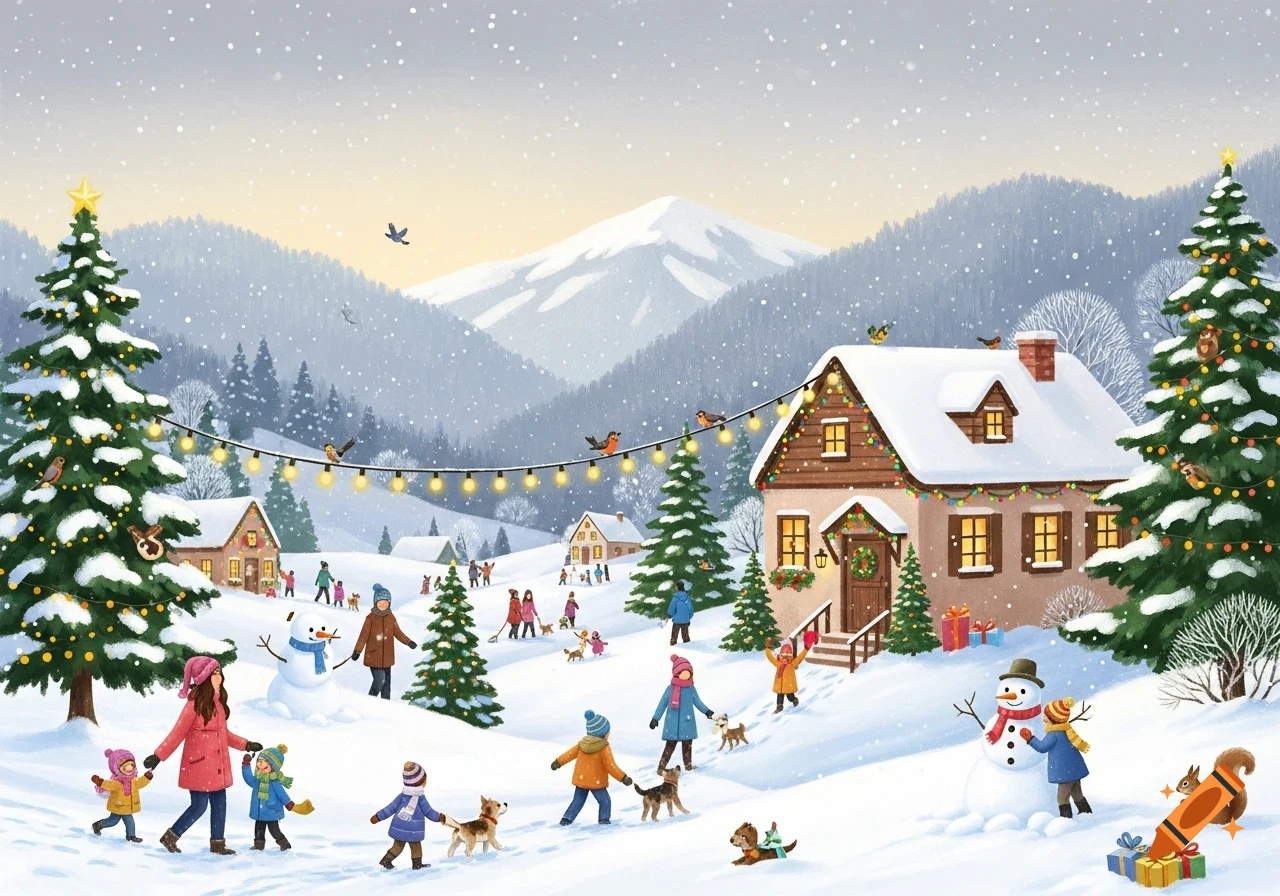 Whimsical illustration of a snowy Christmas village scene with people and children playing, houses decorated, and mountains in the background.