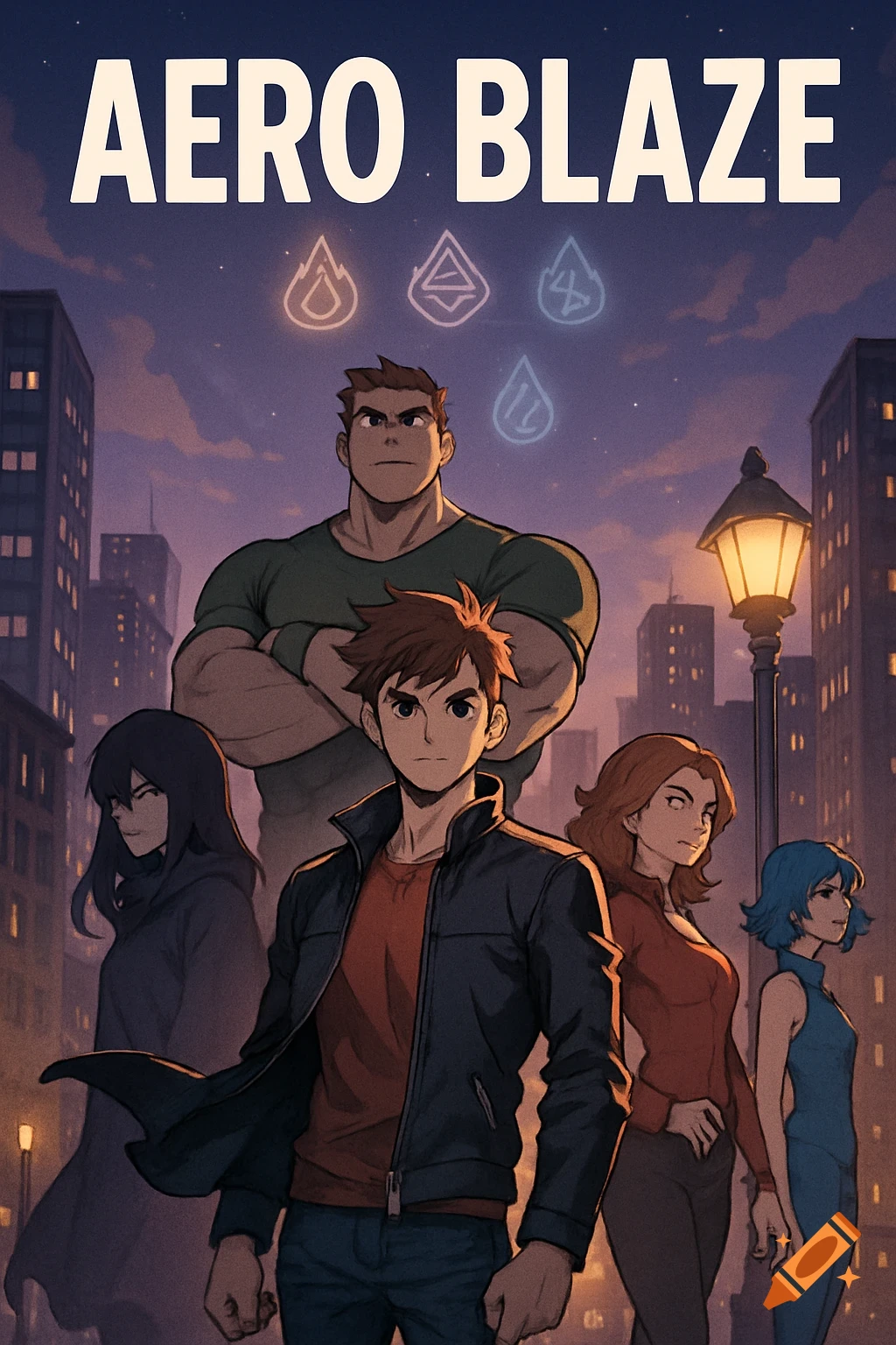 Anime-style cover art titled 'AERO BLAZE' featuring five heroes standing in a city at dusk with elemental symbols.