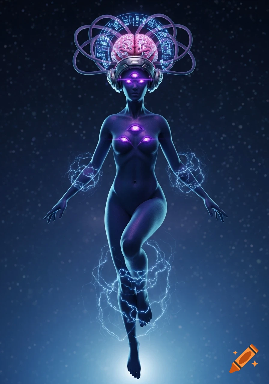 A dark blue-skinned alien being with multiple glowing purple eyes and a brain-like device, levitating amidst electricity.