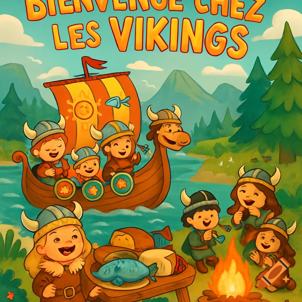 Cartoon illustration of cheerful children dressed as Vikings, some in a longship, others around a campfire, with text 'Bienvenue chez les Vikings'.