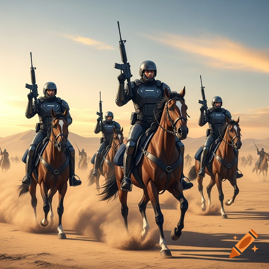 Armored soldiers on horseback with rifles ride through a dusty desert at sunset, in a photorealistic style.