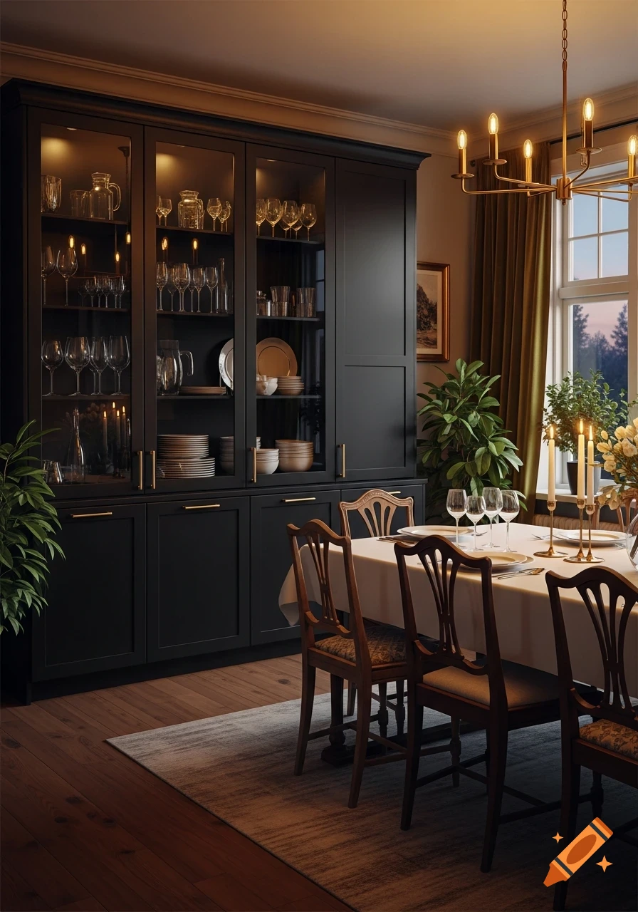 Photorealistic dining room featuring a large black built-in cabinet, a dining table set for dinner, and a chandelier.