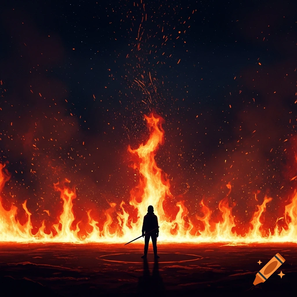 Silhouette of a person standing in a ring of fire under a dark, ember-filled sky.