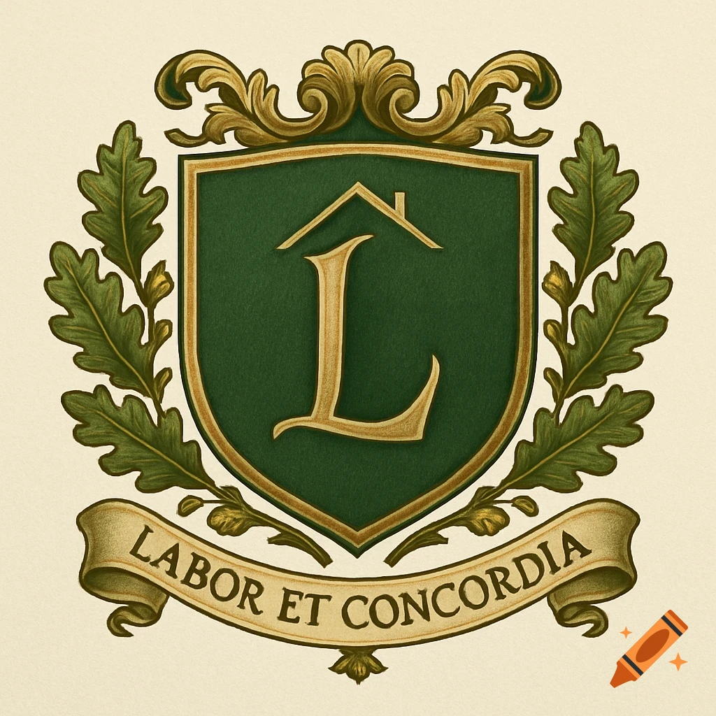 A classic European family crest with a green shield, golden 'L' initial, oak leaves, and a banner reading 'Labor et Concordia'.