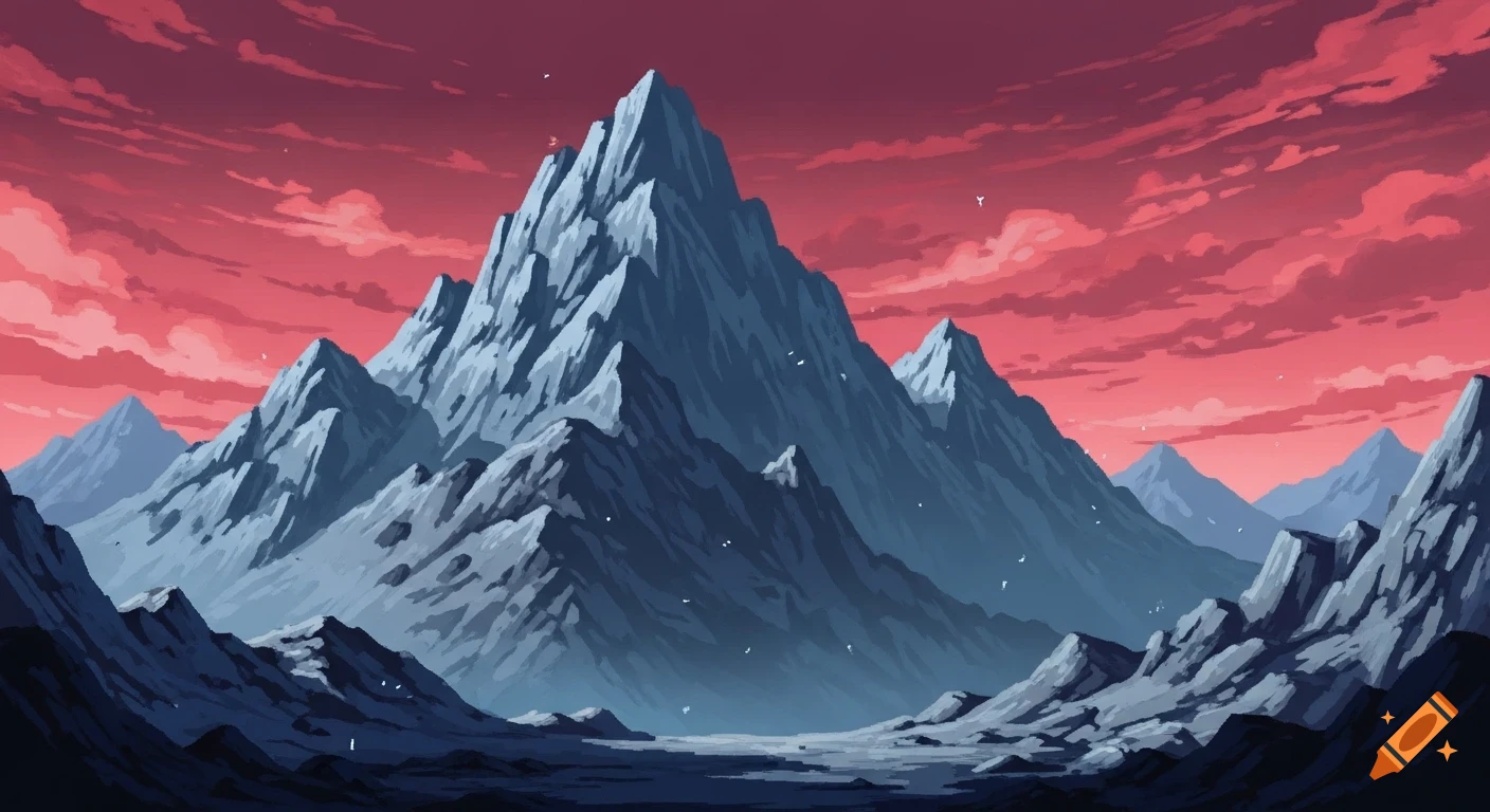 Stylized mountain range with sharp peaks under a vibrant red and pink cloudy sky, in a video game art style.
