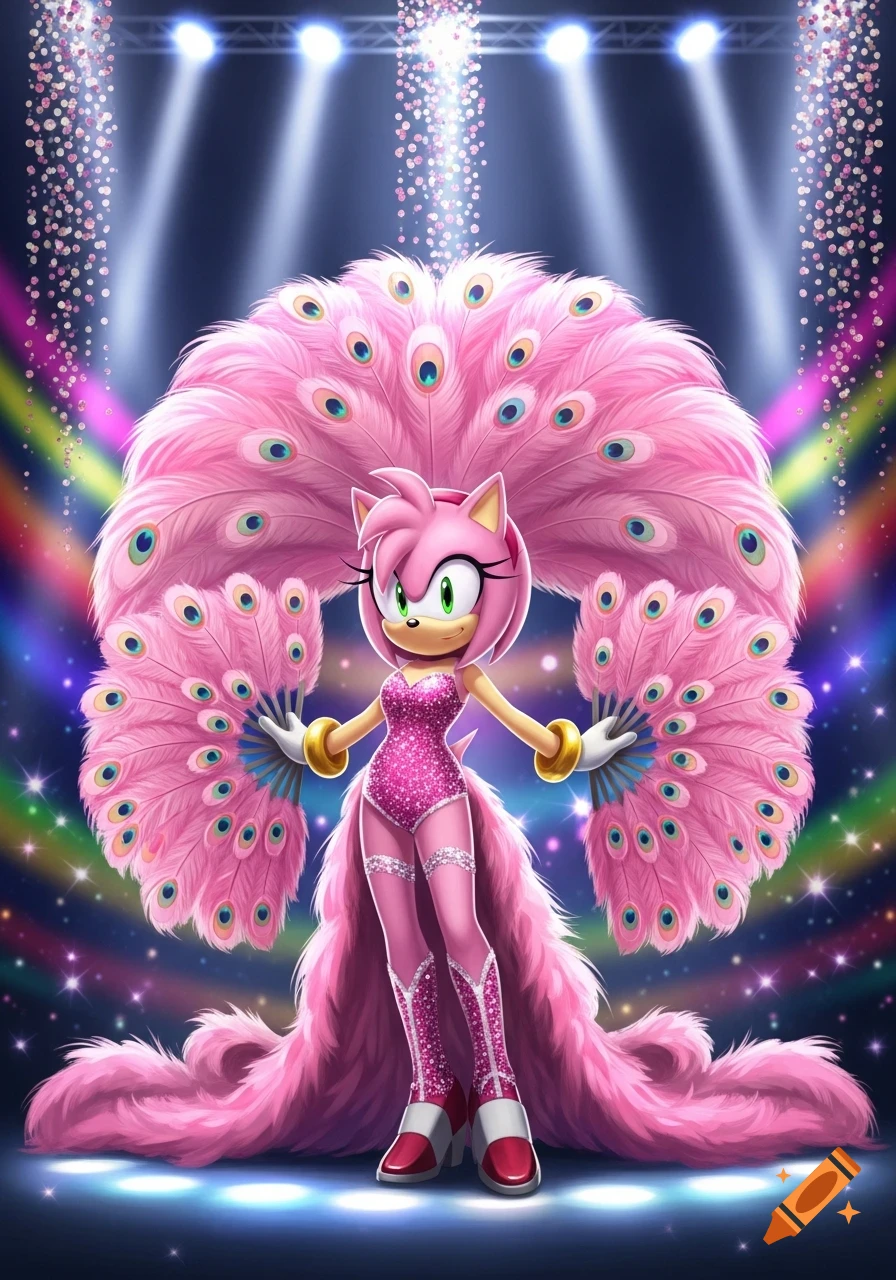 Amy Rose in a sparkly pink showgirl feather outfit, holding feather fans, on a brightly lit stage.