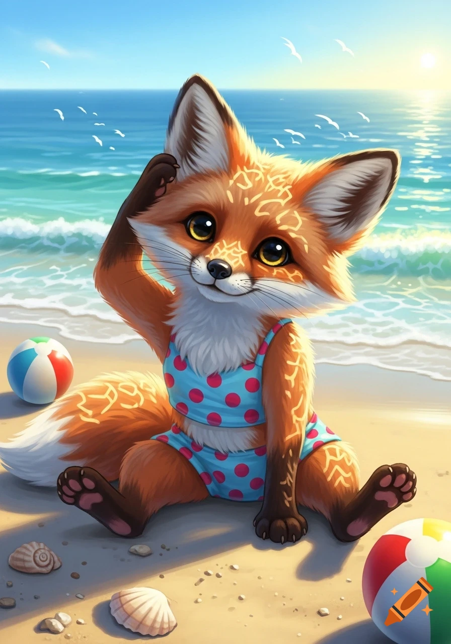 A cute cartoon fox in a blue polka-dot bathing suit sits on a sunny beach with beach balls and seashells.